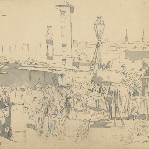 image for: Josep Lluís Pellicer - Mercat en un poble de Castella [?] - Cap a 1868-1870