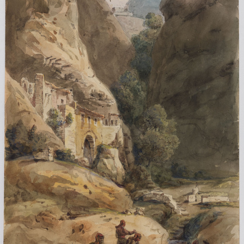 image for: Adolphe Hedwige Alphonse Delamare - Ermita de Sant Onofre a Montserrat (anvers) / Apunts de vaixells i figures (revers) - Setembre de 1826