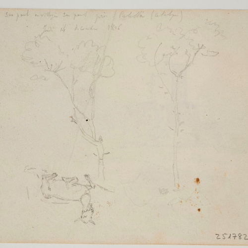 image for: Adolphe Hedwige Alphonse Delamare - Ermita de Sant Pau a Sant Pol de Mar (anvers) / Arbres i ovella (revers) - Dijous 14 de desembre de 1826 [1]