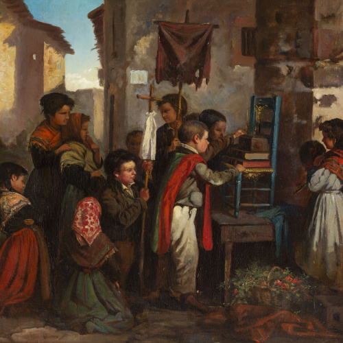 image for: Joaquim Vayreda - Nens jugant a la processó - Cap a 1871-1877