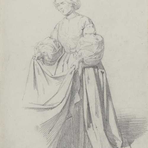 image for: Claudi Lorenzale - Estudi de dona sostenint una túnica per un dels seus extrems per al quadre «Els ambaixadors de la Diputació a Vilafranca prohibeixen a la Reina Joana que acompanyi el Príncep... - Cap a 1870