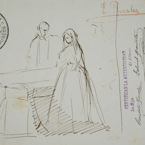 image for: Eduardo Rosales - Apunt de Joana I de Castella davant del taüt de Felip el Bell (anvers) / Apunt de Joana I de Castella davant del taüt de Felip el Bell (revers) - Cap a 1860
