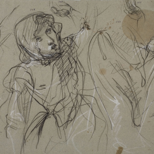 image for: Ramon Martí i Alsina - Figura de dona amb mantellina i altres apunts per al quadre «La Companyia de Santa Bàrbara» - Cap a 1891