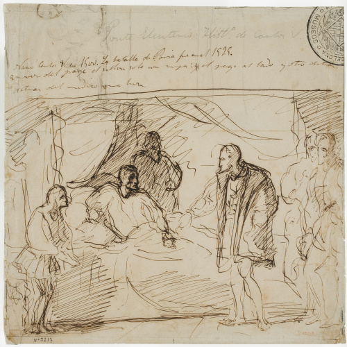 image for: Eduardo Rosales - Estudi per al quadre «Visita de Carles V a Francesc I a la Torre de los Lujanes» (anvers) / Croquis de figures (revers) - Cap a 1860