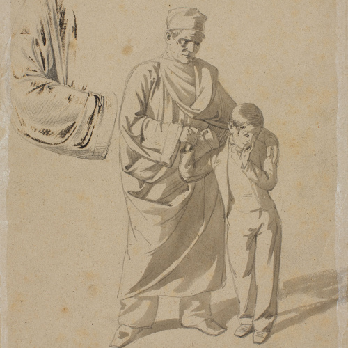 image for: Claudi Lorenzale - Estudi de dona dempeus, amb el cap entre els braços enlairats per al quadre d&#039;episodi històric de la família Centelles (anvers) / Home vell amb nen i estudi de màniga (revers) - Cap a 1850-1855 [1]