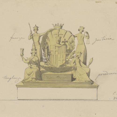 image for: Claudi Lorenzale - Escut de Barcelona amb les al·legories de la Força, la Justícia, la Temprança i la Prudència - Cap a 1860-1880