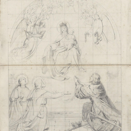 image for: Claudi Lorenzale - Estudi de l&#039;Aparició de la Mare de Déu a Jaume el Conqueridor, sant Pere Nolasc i sant Raimon de Penyafort per al quadre fet per a l&#039;Ajuntament de València (anvers) / Estudi de... - Setembre 1860