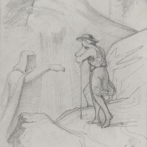 image for: Claudi Lorenzale - Pastor caminant per la muntanya a qui se l&#039;apareix miraculosament un home amb capa i caputxa - Cap a 1850-1870