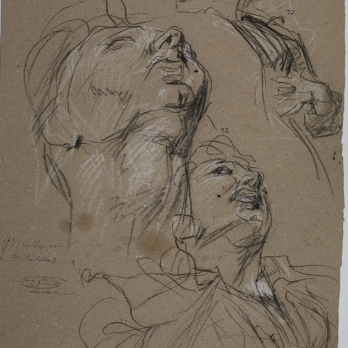 image for: Ramon Martí i Alsina - Tres estudis del cap, bust i ma de figura femenina per al quadre «La Companyia de Santa Bàrbara» - Cap a 1891