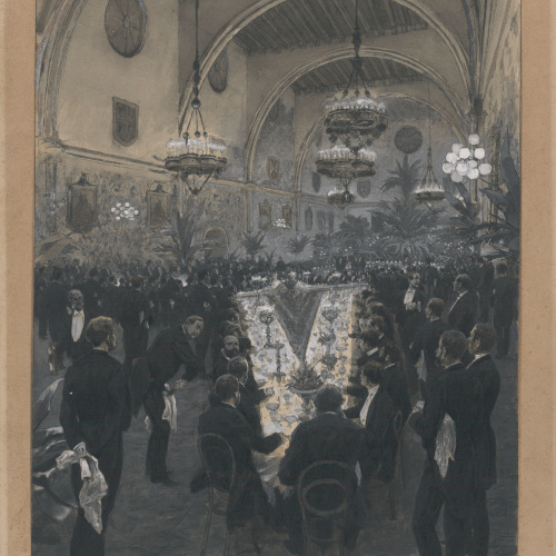 image for: Josep Lluís Pellicer - El Salón de Ciento durante el lunch ofrecido por el Excmo. Ayuntamiento Constitucional de Barcelona á los periodistas italianos - 1886