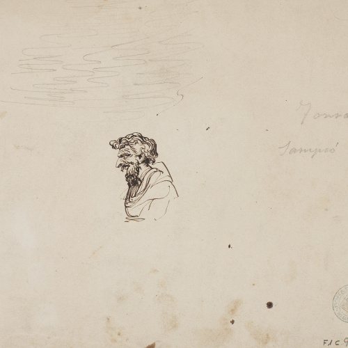 image for: Francesc Torras - Samsó derrocant les columnes del Temple (anvers) / Croquis d&#039;un cap (revers) - Cap a 1860-1870 [1]