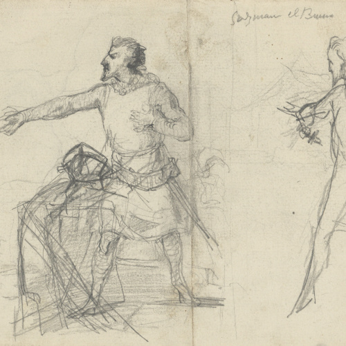 image for: Francesc Torras - Guzmán el Bueno, llançant el punyal (anvers) / Croquis de figura masculina (revers) - Cap a 1860-1876