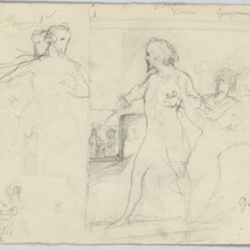 image for: Francesc Torras - Guzmán el Bueno, llançant el punyal (anvers) / Croquis d&#039;una escena històrica (revers) - Cap a 1860-1876