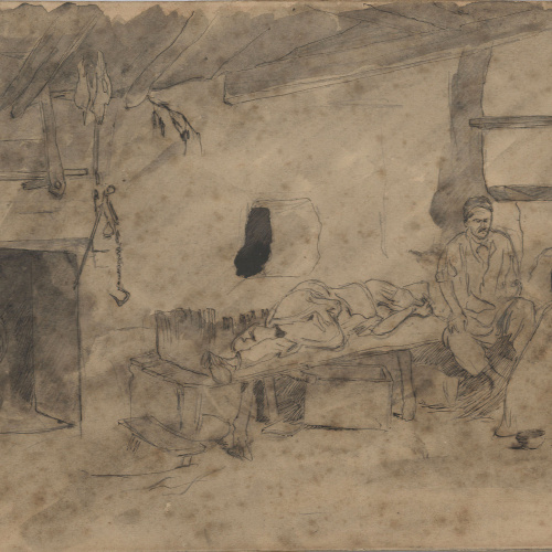 image for: Josep Lluís Pellicer - Interior amb homes descansant - 1877