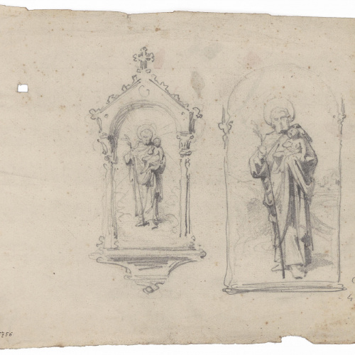 image for: Claudi Lorenzale - Sant Josep portant al Nen (anvers) / Apunt de Sant Josep i proves de color (revers) - Cap a 1850-1870