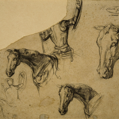 image for: Ramon Martí i Alsina - Apunts de genet a cavall i de caps de cavall per a un quadre del Quixot - Cap a 1870-1890
