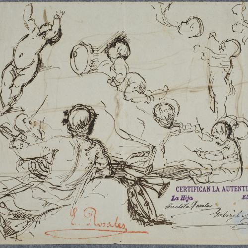 image for: Eduardo Rosales - Estudi per a l&#039;Al·legoria de la Música del sostre del palau dels marquesos de Portugalete (Madrid) (anvers) / Apunt d&#039;Ofèlia en un clar de bosc. Apunt per al quadre &quot;Hamlet... - Cap a 1870