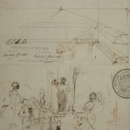 Eduardo Rosales - Motllures en perspectiva i Homer al Parnàs (anvers) / Duel entre dos cavallers en un banquet (revers) - Cap a 1868-1869 image for: Eduardo Rosales - Motllures en perspectiva i Homer al Parnàs (anvers) / Duel entre dos cavallers en un banquet (revers) - Cap a 1868-1869