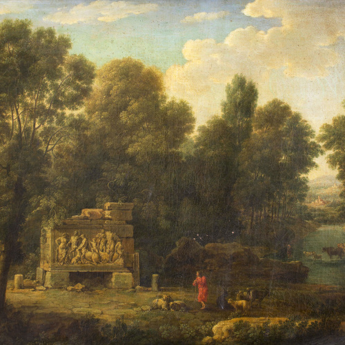 image for: Pierre Patel - Paisatge amb arbres, un riu i ruïnes - Entre 1650-1676