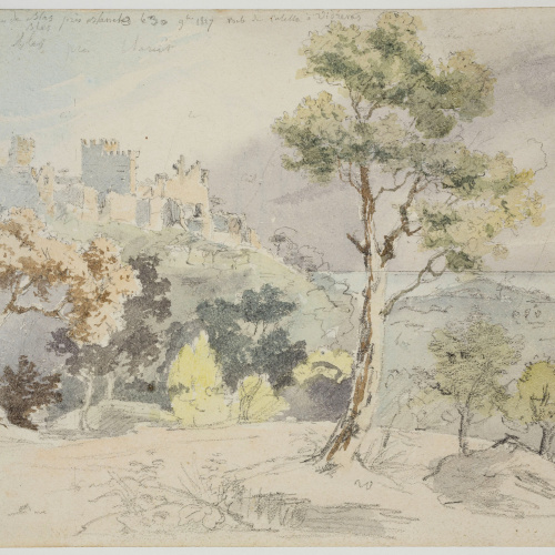image for: Adolphe Hedwige Alphonse Delamare - Castell entre Calella i Vidreres (Lloret de Mar) (anvers) / Croquis (revers) - 30 de novembre de 1827