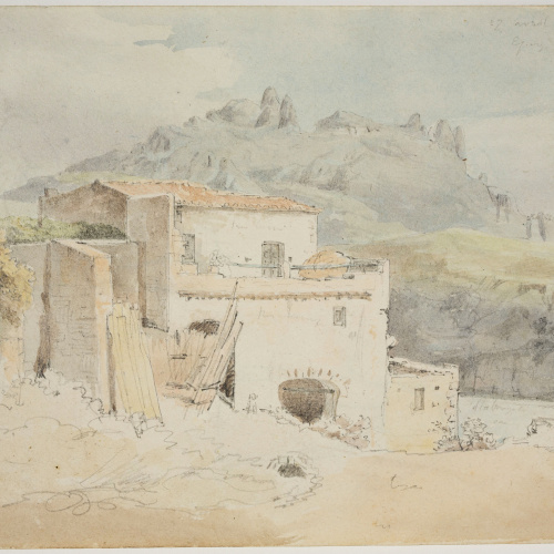 image for: Adolphe Hedwige Alphonse Delamare - Vista de Montserrat des d’Esparreguera (anvers) / Monjos i apunts de cames (revers) - 27 d’abril de 1827