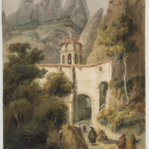 image for: Adolphe Hedwige Alphonse Delamare - Entrada al Monestir de Santa Maria de Montserrat (anvers) / Apunts d&#039;embarcacions i pescadors feinejant (revers) - Dijous 26 d’abril de 1827
