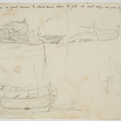 image for: Adolphe Hedwige Alphonse Delamare - Entrada al Monestir de Santa Maria de Montserrat (anvers) / Apunts d&#039;embarcacions i pescadors feinejant (revers) - Dijous 26 d’abril de 1827 [1]
