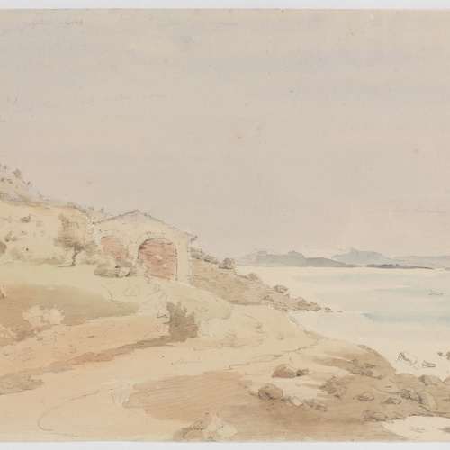 image for: Adolphe Hedwige Alphonse Delamare - Ruïnes del castell de la Trinitat al Golf de Roses - Cap a 1825