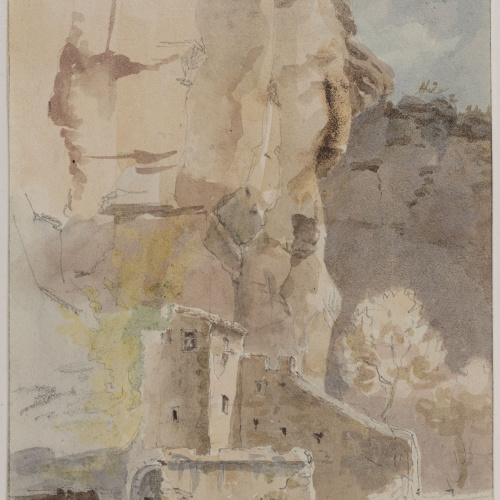 image for: Adolphe Hedwige Alphonse Delamare - Porta d’entrada a l’antiga ermita de Sant Miquel al Monestir de Sant Miquel del Fai (anvers) / Apunts de vaixells (revers) - Maig de 1826