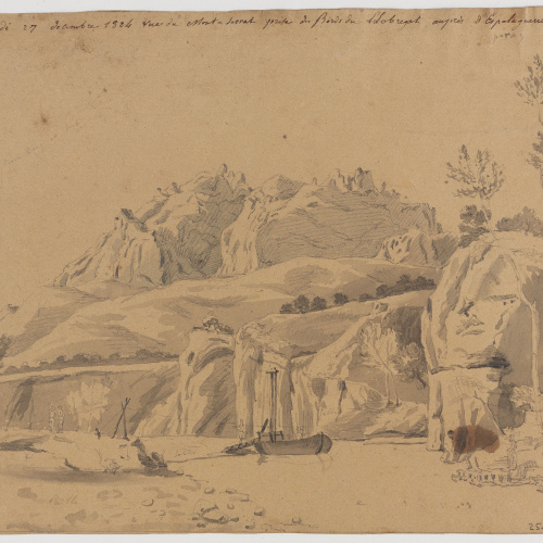 image for: Adolphe Hedwige Alphonse Delamare - Vista de Montserrat des del Llobregat a prop d’Esparreguera (anvers) / Restes d&#039;una acadèmia (revers) - Dilluns 27 de desembre de 1824