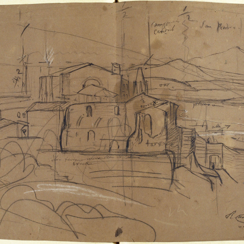 image for: Ramon Martí i Alsina - Apunt de paisatge i edificis per al quadre &quot;El gran dia de Girona&quot; - Cap a 1863-1864